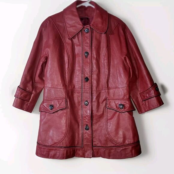 Oxblood Red Genuine Leather Jacket Long Women's Size M/L Button 3/4 Sleeve Chic - Picture 1 of 12